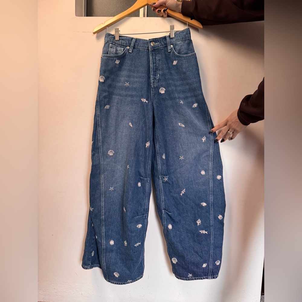 We The Free Blue Embroidered Wide Leg Jeans
